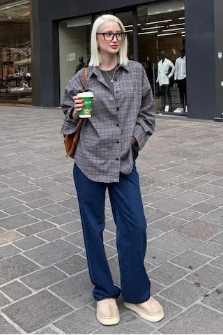 Seeh Gri Oversize Ekose Desenli Kadın Gömlek Sh334 Ekoseli