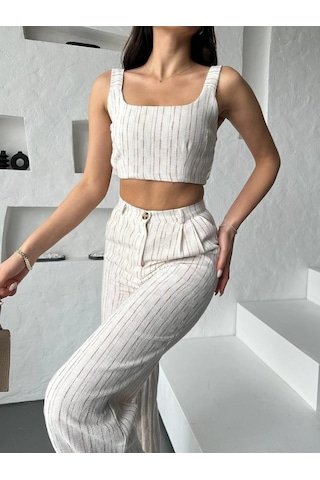 Eke Tekstil Camel Çizgili Crop Pantolon Keten Takım-camel Camel