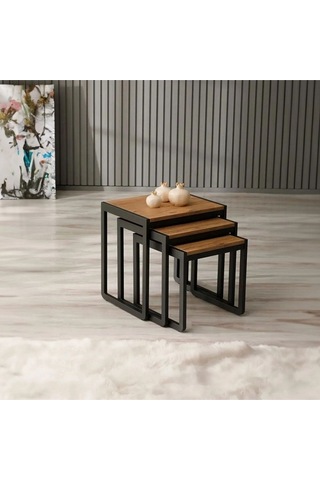 Doğal Ahşap Masif Panel Üçlü Zigon Sehpa Siyah