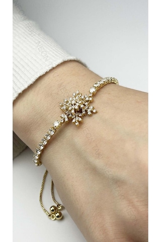 Zirkon Taşlı, Kar Tanesi, Asansörlü, Paslanmaz Çelik Bileklik 463, Altın Renk Altın