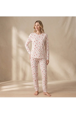 Lindros Kırmızı Kalp Ve Love Yazılı Fitilli Kaşkorse Pijama Takımı Ev Giyimi Bej - Ekru