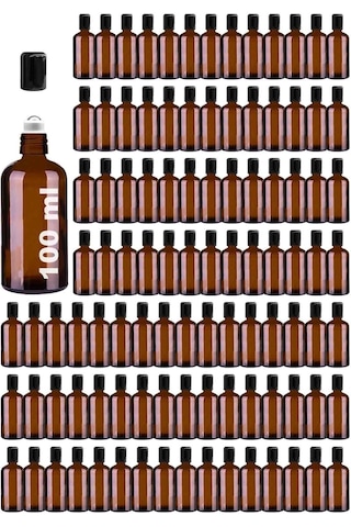 Çelik Roll On Şişesi 100 ML Sızdırmaz Siyah Kapaklı Amber Cam Şişe 100 Adet