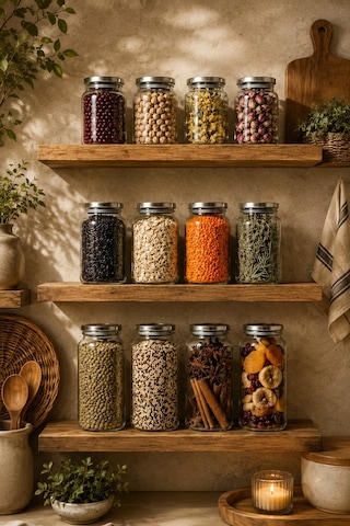 Porsima Bormio 12'li Vakumlu Metal Kapaklı Cam Kavanoz Seti 1400 Ml, 900 Ml, 650 Ml Erzak & Baharatlık Bambu - Şeffaf