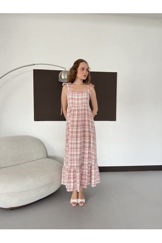 Verymoda Kadın Ekose Desenli Askı Bağlama Detaylı Maxi Elbise Pembe