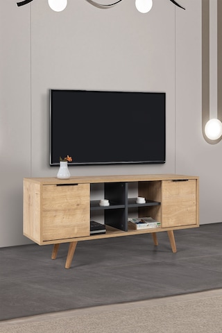 3319 Sina 130 Cm Ahşap Ayaklı , Metal Kulplu Tv Ünitesi , Safir - Antrasit , Tv Sehpası , Salon Safir - Antrasit