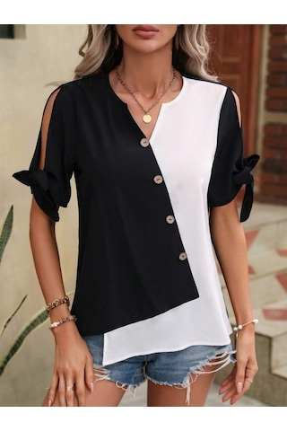 Soonaksesuar Kadın Kısa Kollu Kollardan Bağlamalı Önden Asimetrik Kesim Çift Renk Detaylı Düğmeli Ithal Krep Bluz Siyah