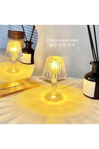 Kristal Abajur Tasarımlı Pilli Led Mum 3 Adet - Masa Lambası Beyaz