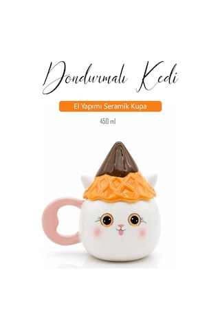 Şapkalı Kedi Figürlü Dolomite Kupa, El Yapımı 450 Ml Kapaklı Mug Beyaz