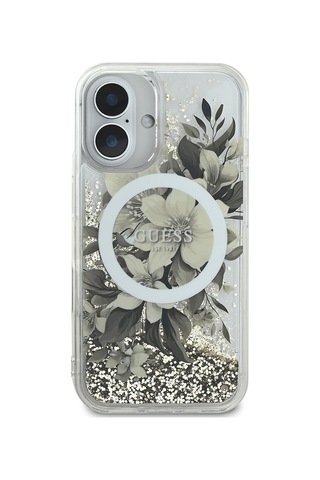 Apple Uyumlu iPhone 16 Plus Kılıf Guess Lisanslı Magsafe Şarj Özellikli Sıvılı Simli Çiçek Desenli Bej