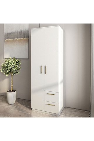 Merlin 2 Kapaklı, Çekmeceli Gardırop, Yatak Odası Dolap, Elbise Dolabı İstanbul Ceviz - 172 Cm / Beyaz