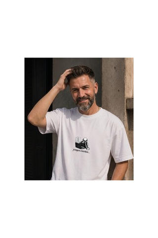 Qmen Style Unisex Beyaz Oversize Baskılı T-shirt Espirili Yengen Estetikte Baskılı %100 Pamuk