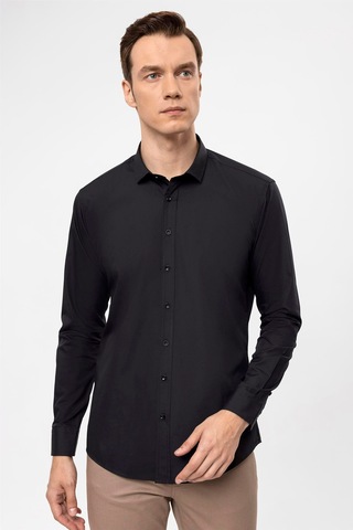 Süvari Siyah Slim Fit Düz Klasik Yaka Gömlek