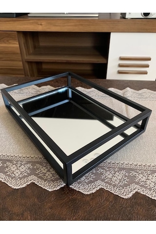 Çay Kahve Sunum Tepsisi Dekoratif The Milas Aynalı Metal Tepsi 22cm X 30cm 2 Kişilik Siyah
