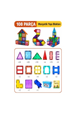 108 Parça Manyetik Yapı Blokları - Tamamı Mıknatıslı - Çocuklar İçineğitici Oyun Seti. 5 Yıl Garanti