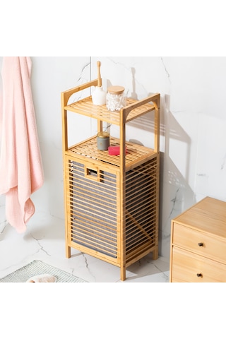 Porsima 2063 2 Raflı Ahşap Kirli Sepeti Organizer Banyo Dolabı Ahşap