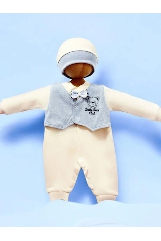 Erkek Bebek Ayıcıklı Papyon Detaylı Tulum-15299 Bej