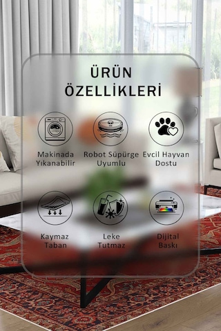 Yıkanabilir Kaymaz Taban Dijital Baskılı Halı Ve Yolluk Leke Tutmaz Salon & Mutfak Halısı - 0607 Bordo