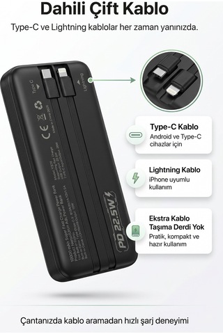 4berry Y376 10000mah 22.5w Süper Hızlı Şarj Type-c Ve Lightning Kablolu Powerbank Siyah