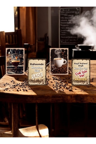 4 Parça Dekoratif A4 Mdf Tablo, Cafe Tabloları , Kahve Köşesi Tabloları , Duvar Tabloları , Çerçeve Görünümlü Dekoratif Hediyelik