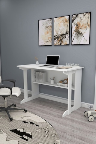 Enda Home Pillar Kütüphaneli Geniş Çalışma Masası 100x56 Cm Beyaz
