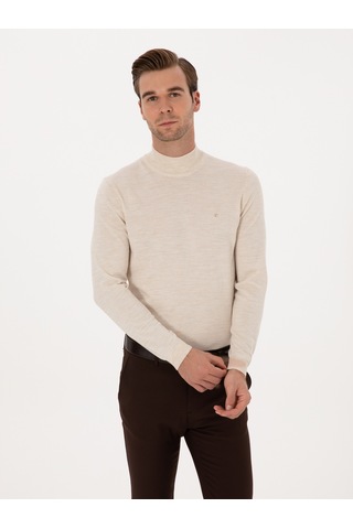 Cacharel Bej Slim Fit Yün Karışımlı Yarım Balıkçı Basic Triko Kazak