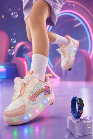 Muggo Colourful Çocuk Işıklı Patenli Tekerlekli Sneaker Spor Ayakkabı Pudra