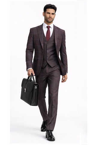 Fabio Cassel Slim Fit Mono Yaka Çift Yırtmaçlı Astarlı Takım Elbise Yelekli Bordo