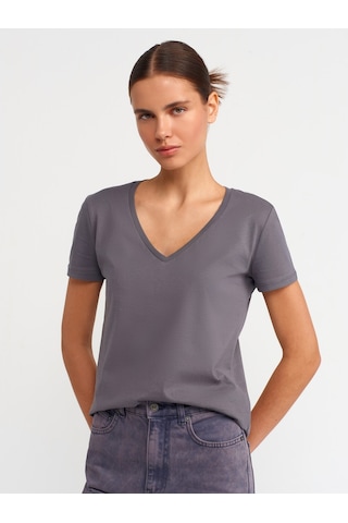 Dilvin V Yaka Basic T-shirt-füme Füme