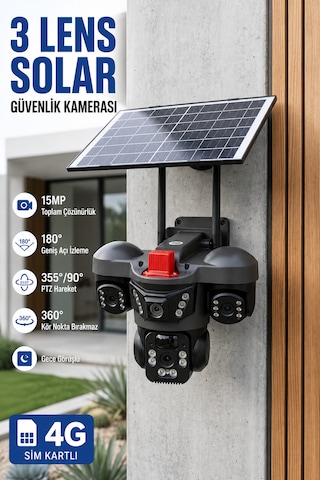 ARM-01 Solar Güneş Panelli 15MP 3 Lensli 4G Sim Kartlı Güvenlik Kamerası 360° PTZ Gece Görüşlü Sesli Dış Mekan V380 Pro