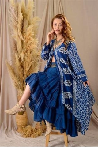 Özel Tasarım Ham Keten Otantik Astarlı Carmen Etek-9895 Petrol Mavisi