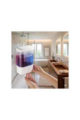 Yapışkanlı Duvar Sabunluk 1000 Ml 2 Bölmeli Banyo Mutfak Şampuan Dispenser V-2 Beyaz