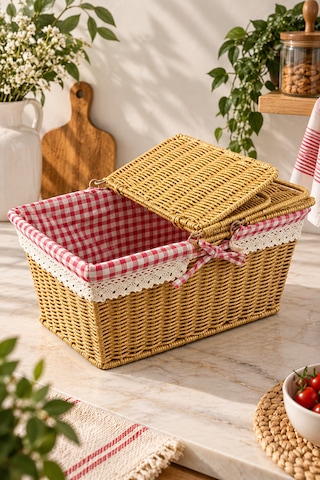 Hasır Rattan Dikdörtgen Piknik Sepeti Sepet Düzenleyici 18 38 25cm Sarı