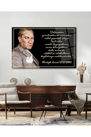 Atatürk Cam Tablo "çalışmadan, Yorulmadan Ve Üretmeden" Modern Ev Ofis Salon Kurum Hediyelik Tablo