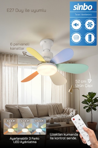 Sf-7708 3 Led Aydınlatmalı Sessiz Tavan Vantilatörü Kumandalı 6 Kanatlı
