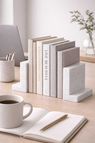 Masif Beyaz Mermer Kitap Tutucu 2 Li Set - Minimal L Tip Dekoratif Bookend Ofis & Salon Raf Aksesuaı