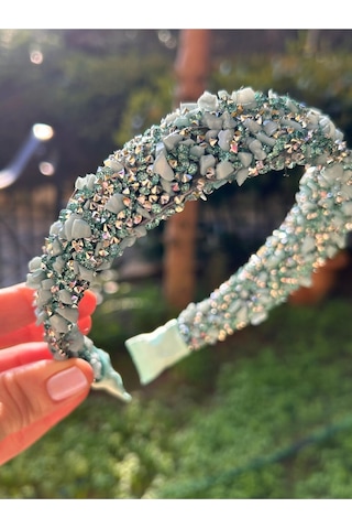 Doğal Taşlı Su Yeşili Kadın Kalın Model Kristal Nişan Mezuniyet Düğün Abiye Taç Yeşil