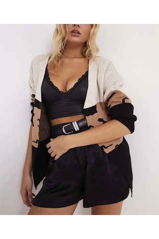 Aqe Fashion Kadın Bloklu Ortası Desenli Gri Hırka Gri