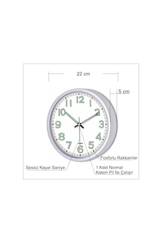 Beyaz Zemin Beyaz Kasa Fosforlu 22 Cm Sessiz Çalışan Duvar Saati Beyaz