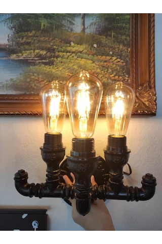 Endüstriyel Tasarım Vintage Duvar Aplik Borulardan Lamba 3'li Sarı