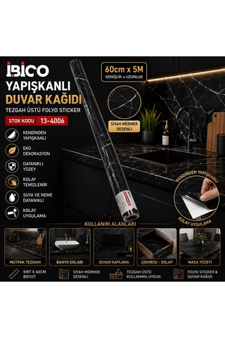 5mt X 60cm Siyah Mermer Desenli Tezgah Üstü Folyo Sticker - Duvar Kağıt Kendinden Yapışkanlı - Eko Dekorasyon - Dayanıklı 5580