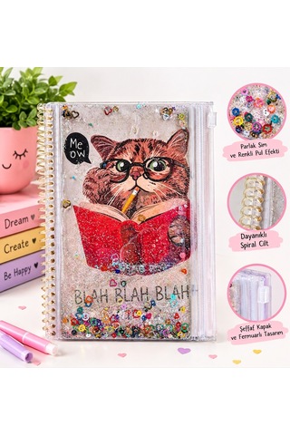 A5 Spiralli Defter 48 Yaprak Çizgili Simli Şeffaf Kapaklı Kedi Desenli Not Defteri Karışık/çok Renkli