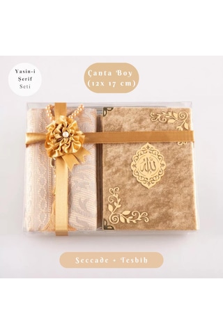 Yasin + Seccade + Tesbih Hediye Seti Çanta Boy, Raşel Cilt, Şemslafzatullah, Gold