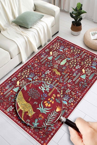 Dijital Baskılı Modern Desenli Renkli Kaymaz Taban Yıkanabilir Halı Bordo