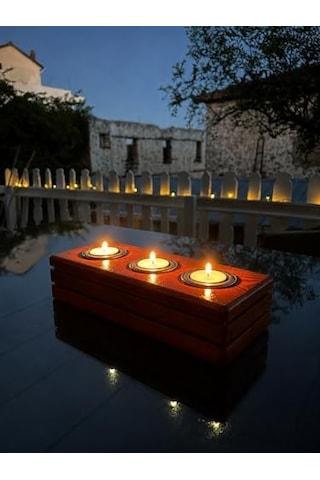 Bfa Store El Yapımı Ahşap Tealight Mumluk, Ceviz Rengi, 3 Mum Kapasiteli, 27x11x6 Cm, Dekoratif Hediyelik Diğer