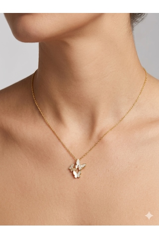 Sedef Kelebek 3 Kelebek Zirkon Taşlı Sallantılı Kadın Çelik Kolye,hediye,özel Gün,sevgililer Günü , Anneler Günü, Zirkon Taş ,gold Renk, Zarif,minimalist