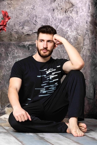 Nisanca Yazlık Kısa Kol %100 Pamuk Erkek Pijama Takımı Siyah