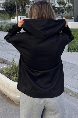WeShaya Kadın Siyah Kapüşonlu, Fermuarlı, Cepli, Regular Kesim Sweatshirt Siyah