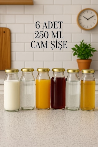 6 Adet 250 Ml Beslenme Şeffaf Meyve Suyu, Meşrubat, Limonata Şişesi Metal Kapaklı 250 Cc Şişe Gold