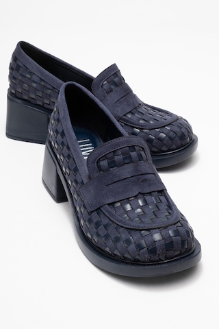 Luvishoes Luvi Shoes Marlon Lacivert Örgülü Kadın Kalın Topuklu Loafer Ayakkabı Lacivert