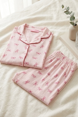 Aura Collections Kadın Pembe Çiçek Desenli Bambu Viskon Uzun Kollu Soft Örme Pijama Takımı